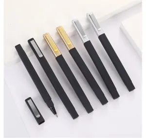 Square plastic ballpoint pen with metallic clip matte black promotional gift pen wholesale