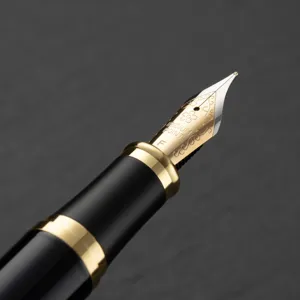 Détail de stylo plume avec grande plume bicolore, pointe fine et gravures élégantes.