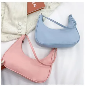 Nylon half moon underarm shoulder bag details, casual solid color design, versatile daily women purse.