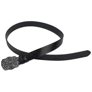 Vintage embossed leather belt with metal cross buckle, stylish retro trousers accessory.
