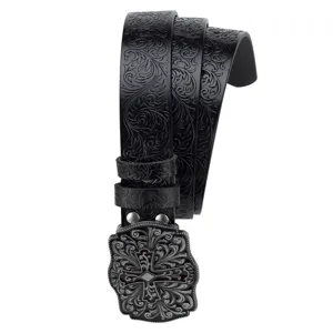 Black embossed leather belt with ornate retro cross buckle and intricate floral carved patterns.