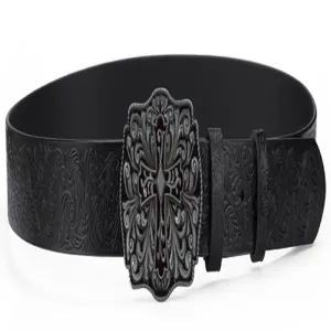 Vintage black leather belt with ornate metal cross buckle and detailed embossed floral scroll pattern.