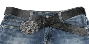 Vintage gothic cross leather belt for men women, black embossed floral carved waist strap.