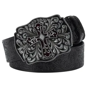 Vintage PU Leather Embossed Waist Belt Men Women Punk Hip Hop Cross Engraved Metal Alloy Buckle Jeans Belt Waistband Decorative Accessory