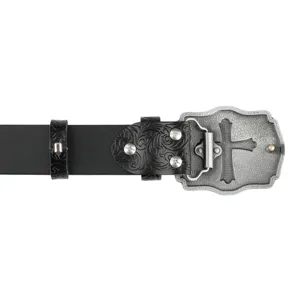 Vintage gothic style black leather belt with ornate cross metal buckle and rivet details for men women