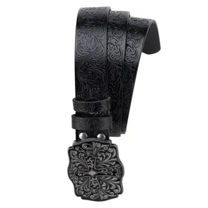 Vintage embossed leather belt featuring ornate metal cross buckle, stylish retro punk trousers belt.