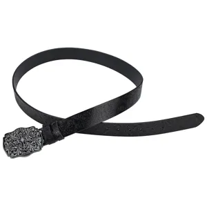 Vintage black embossed leather belt with ornate silver cross buckle for men and women