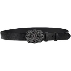 Retro black leather belt with ornate vintage cross buckle and embossed floral pattern for daily wear