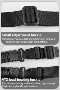 Tactical strap detail showing small adjustment buckle and VTX load-bearing quick-release buckle.