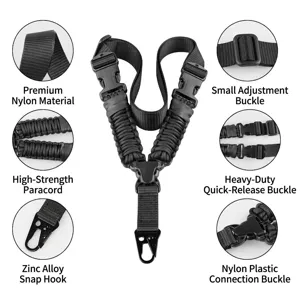 Tactical single-point rifle sling, heavy-duty black paracord adjustable strap for outdoor use.