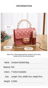 Mini PVC jelly handbag with pearl handle and chain strap, stylish quilted crossbody bag for women.