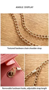 Pink jelly bag detail view featuring metal chain strap and detachable hardware hooks.