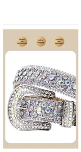 Close-up detail of women's rhinestone wide belt, sparkling crystal stones and alloy buckle.