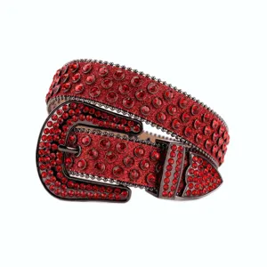 Women red rhinestone wide leather belt with sparkling crystals and ornate metal buckle for jeans