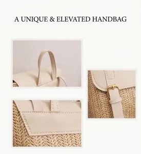 Close-up detail of straw backpack showing woven texture, PU leather flap, and metal buckle.