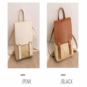 Minimalist straw backpack with leather flap and double buckles, stylish casual daypack.