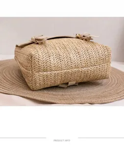 Close up view of a casual straw woven backpack detail, featuring textured woven pattern.