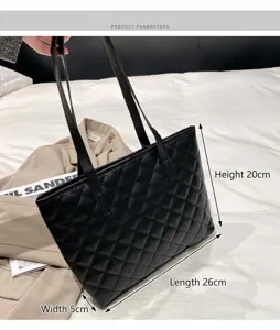 Bolso tote acolchado negro para mujer, bolso de hombro de cuero PU con asas dobles, 26x20x5 cm.