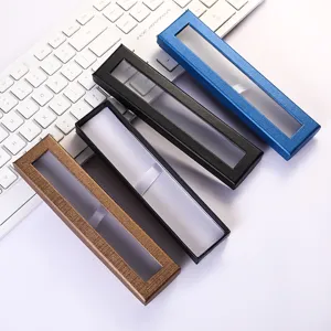 Caja de regalo de papel para bolígrafos con ventana transparente y forro interior.