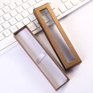 Caja de regalo para bolígrafos de papel marrón con ventana, elegante embalaje para plumas.