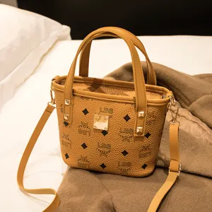 Klassische braune PU-Leder Eimer Tasche für Damen, modische Umhängetasche mit Muster.