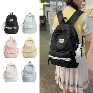 Korean style college student backpack with polka dots and cute lace trim for daily travel use.