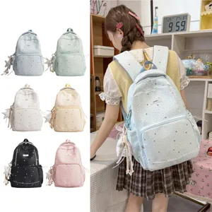Casual lightweight student backpack with star patterns and cute pendant for daily school use.