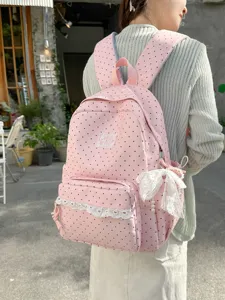 Korean Ins Style Polka Dot Nylon Backpack For Women Large Capacity Lace Trim School Bag Casual Travel Rucksack For Students