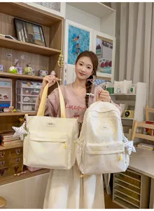 Korean style cute star print school backpack and tote bag set for teen girls casual use