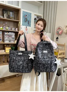 Casual star print canvas backpack and tote bag set for daily school and travel use.