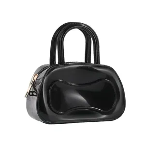 Black PVC jelly boston bag with double handles and glossy finish for stylish daily wear.
