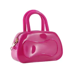 Bright pink PVC jelly Boston handbag for women, chic mini casual top handle shoulder bag.
