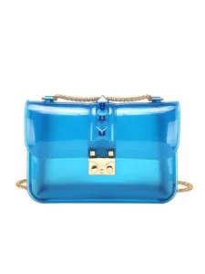 Transparent Blue PVC Crossbody Bag Gold Chain Pyramid Studs Chic Women Shoulder Bag