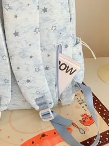Cute blue star print school backpack for students, casual travel daypack with multi pockets.