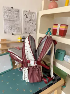 Korean style canvas backpack student schoolbag cute red white striped casual daypack for women