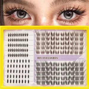 Detailed close-up of segmented DIY false eyelashes, natural curly dense cluster lashes.