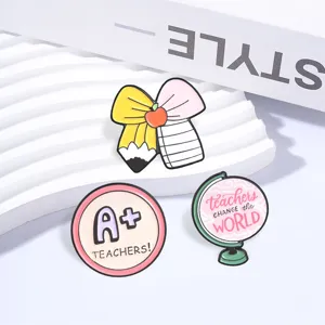 Teacher enamel brooch set, cute apple pencil bow and globe pin badges for school gifts.