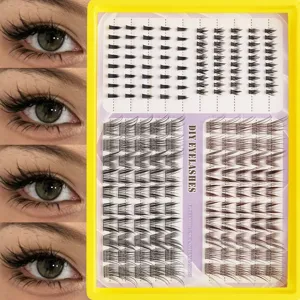 Detailed close-up of segmented DIY cluster eyelashes with neat tray display format.