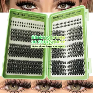 DIY individual cluster eyelashes in green storage case with natural soft volume effect.