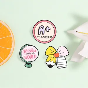 Teacher theme enamel brooch set, cute A+ medal globe and pencil design metal badge pins.
