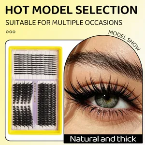 Detailed close-up of segmented DIY false eyelashes, natural curly and thick design for makeup.