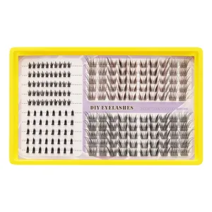 Detailed view of DIY cluster eyelash extensions set with varied lengths in a yellow tray.