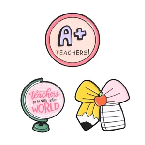 Cute teacher enamel pins set featuring A+ badge globe and pencil bow. Perfect gift for teachers.
