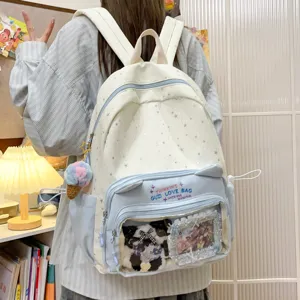 Detailed view of cute cat ita bag, transparent badge window, star pattern, casual aesthetic.