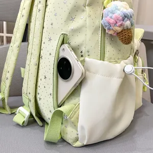 Light green star pattern backpack with side pockets cute school bag daily casual travel daypack