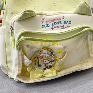 Cute cat ear transparent itabag backpack detail view with embroidery and badge pocket.