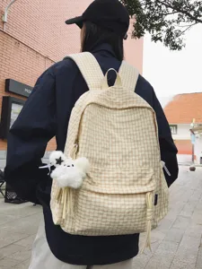 Mochila de Nailon a Cuadros para Mujer Bolsa Escolar Casual Gran Capacidad Bolso de Commuter con Colgante Lindo