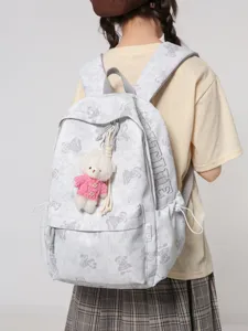 Lockerer Nylon Rucksack Süßer Bären-Druck Schule Büchertasche Mit Anhänger Einfacher Reise Tagesrucksack Für Frauen Mädchen