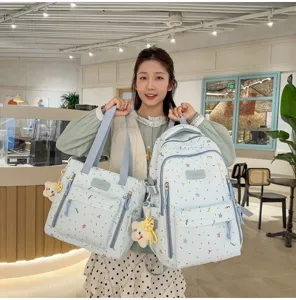 Light blue pattern backpack and tote bag set for teen girls, cute casual student bookbag.
