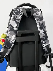 Cool grey camouflage backpack back view, large capacity casual travel school bag for men.